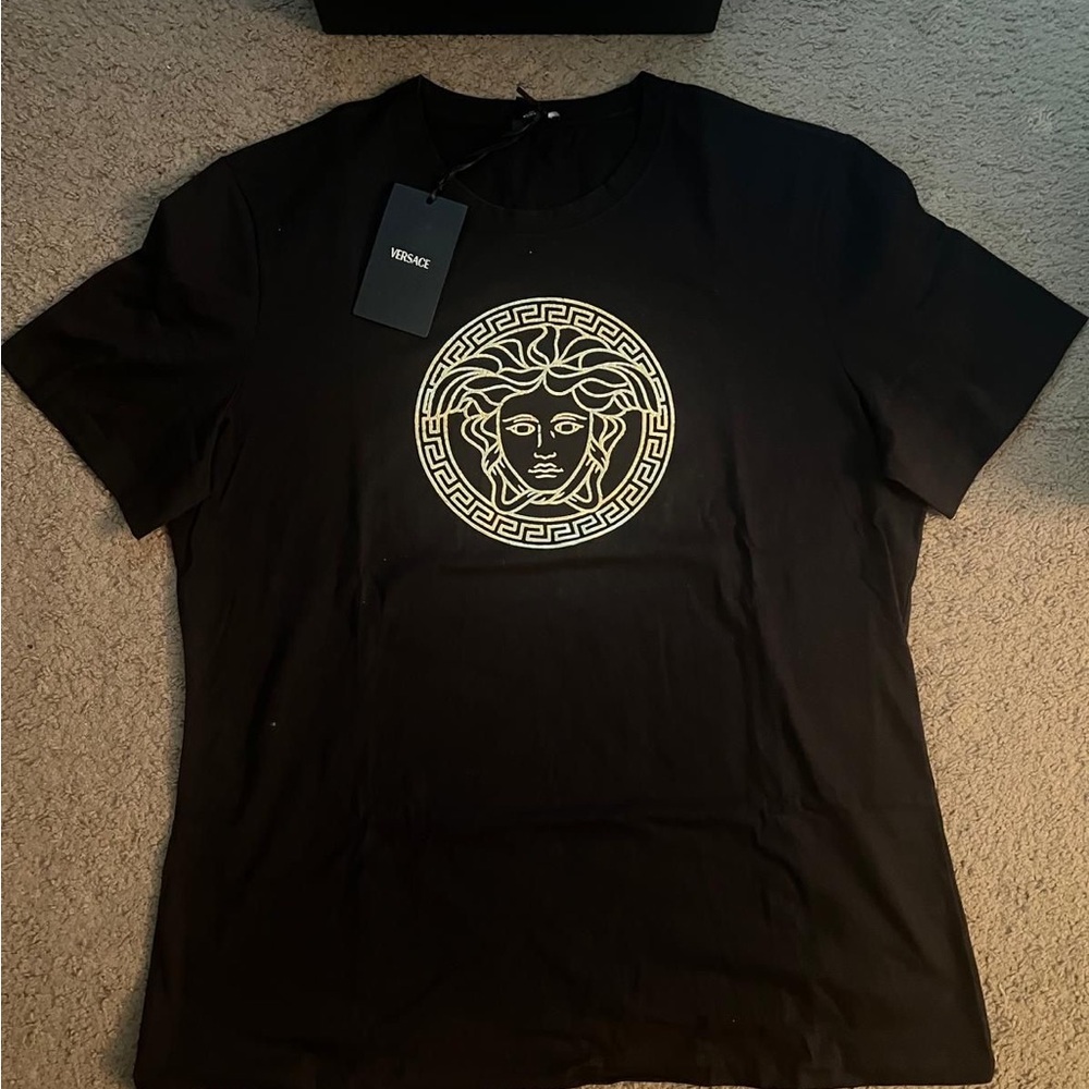Versace Black Tee with Gold Medusa Emblem